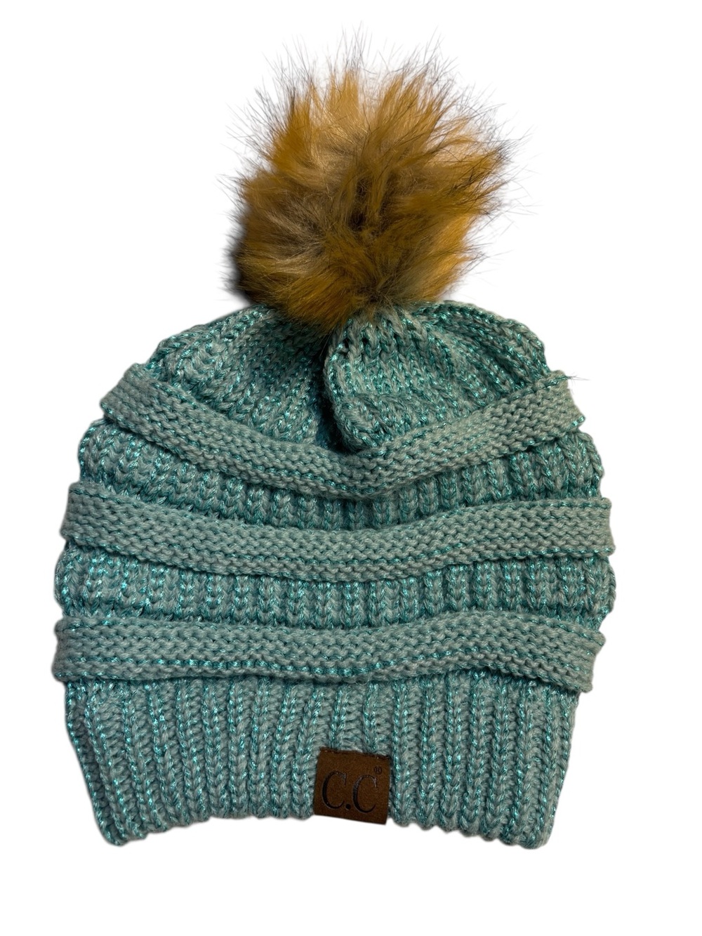 C.C Beanie Hat Metallic Mint Teal Green Cable Knit Faux Fur Pom Pom Acrylic Cozy